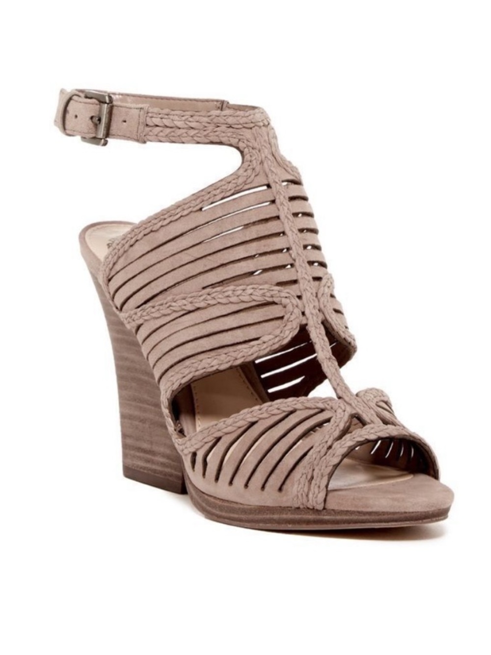 Vince Camuto Janil Strappy Braided Suede Sandals Stacked Heel Taupe, Sz 6.5